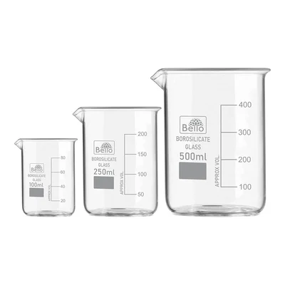 Bello Set of 3 Beaker 100ml, 250ml, 500ml with Graduation Marks, Borosilicate 3.3 Glass for Laboratory
