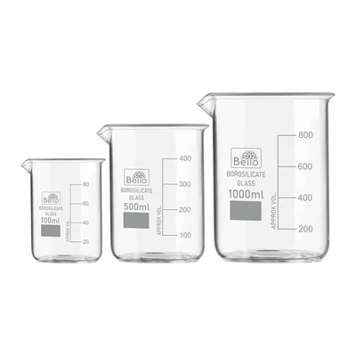 Bello Set of 3 Beaker 100ml, 500ml, 1000ml with Graduation Marks, Borosilicate 3.3 Glass for Laboratory