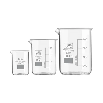 Bello Set of 3 Beaker 10ml, 25ml, 1000ml with Graduation Marks, Borosilicate 3.3 Glass for Laboratory