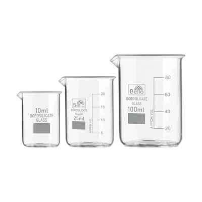 Bello Set of 3 Beaker 10ml, 25ml, 100ml with Graduation Marks, Borosilicate 3.3 Glass for Laboratory