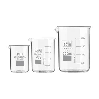 Bello Set of 3 Beaker 10ml, 25ml, 250ml with Graduation Marks, Borosilicate 3.3 Glass for Laboratory