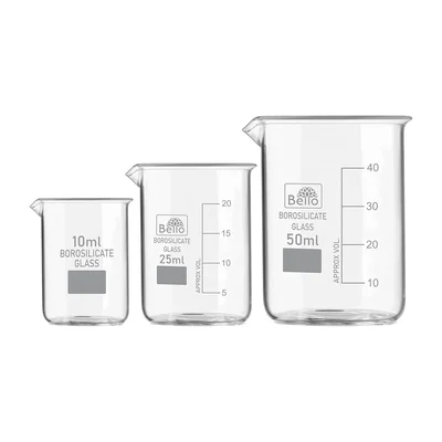 Bello Set of 3 Beaker 10ml, 25ml, 50ml with Graduation Marks, Borosilicate 3.3 Glass for Laboratory