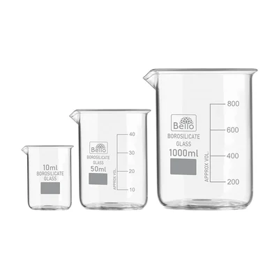 Bello Set of 3 Beaker 10ml, 50ml, 1000ml with Graduation Marks, Borosilicate 3.3 Glass for Laboratory