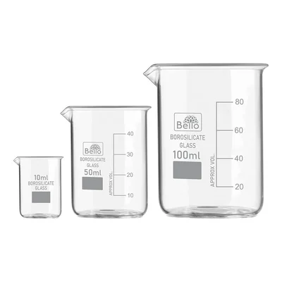 Bello Set of 3 Beaker 10ml, 50ml, 100ml with Graduation Marks, Borosilicate 3.3 Glass for Laboratory