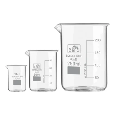 Bello Set of 3 Beaker 10ml, 50ml, 250ml with Graduation Marks, Borosilicate 3.3 Glass for Laboratory
