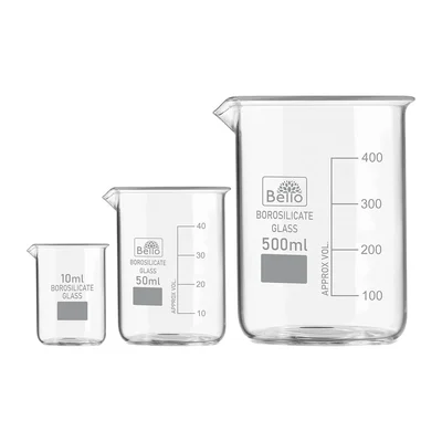 Bello Set of 3 Beaker 10ml, 50ml, 500ml with Graduation Marks, Borosilicate 3.3 Glass for Laboratory