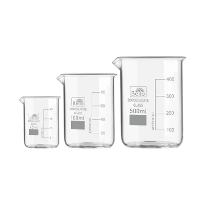 Bello Set of 3 Beaker 25ml, 100ml, 500ml with Graduation Marks, Borosilicate 3.3 Glass for Laboratory