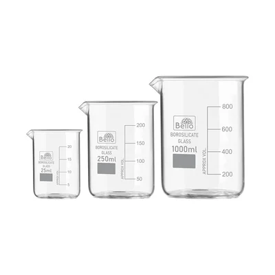 Bello Set of 3 Beaker 25ml, 250ml, 1000ml with Graduation Marks, Borosilicate 3.3 Glass for Laboratory