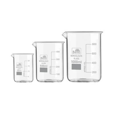 Bello Set of 3 Beaker 25ml, 500ml, 1000ml with Graduation Marks, Borosilicate 3.3 Glass for Laboratory