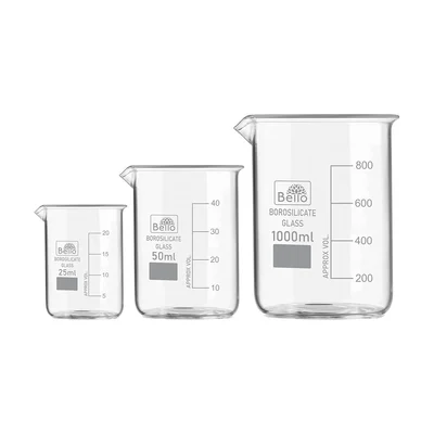 Bello Set of 3 Beaker 25ml, 50ml, 1000ml with Graduation Marks, Borosilicate 3.3 Glass for Laboratory