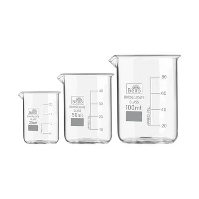 Bello Set of 3 Beaker 25ml, 50ml, 100ml with Graduation Marks, Borosilicate 3.3 Glass for Laboratory