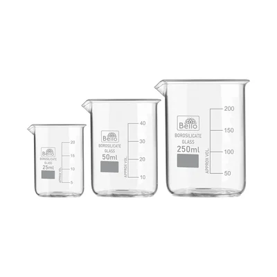 Bello Set of 3 Beaker 25ml, 50ml, 250ml with Graduation Marks, Borosilicate 3.3 Glass for Laboratory