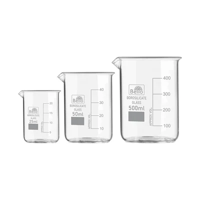 Bello Set of 3 Beaker 25ml, 50ml, 500ml with Graduation Marks, Borosilicate 3.3 Glass for Laboratory