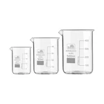 Bello Set of 3 Beaker 25ml, 50ml, 500ml with Graduation Marks, Borosilicate 3.3 Glass for Laboratory