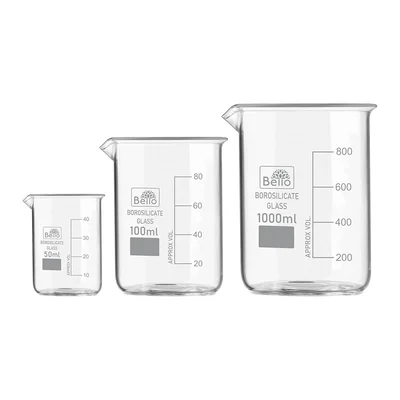 Bello Set of 3 Beaker 50ml, 100ml, 1000ml with Graduation Marks, Borosilicate 3.3 Glass for Laboratory
