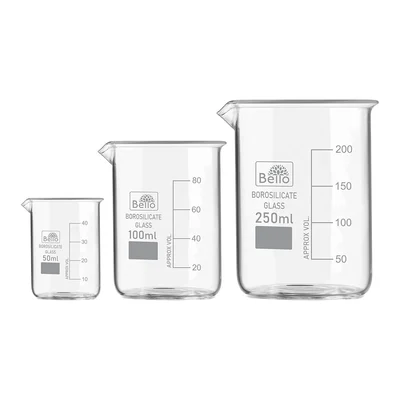 Bello Set of 3 Beaker 50ml, 100ml, 250ml with Graduation Marks, Borosilicate 3.3 Glass for Laboratory