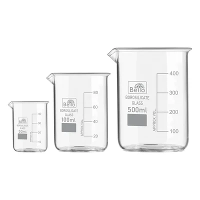 Bello Set of 3 Beaker 50ml, 100ml, 500ml with Graduation Marks, Borosilicate 3.3 Glass for Laboratory