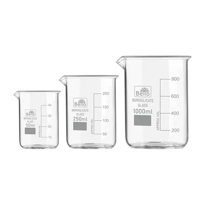 Bello Set of 3 Beaker 50ml, 250ml, 1000ml with Graduation Marks, Borosilicate 3.3 Glass for Laboratory