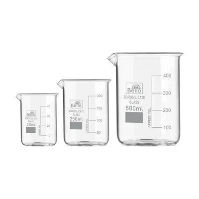 Bello Set of 3 Beaker 50ml, 250ml, 500ml with Graduation Marks, Borosilicate 3.3 Glass for Laboratory