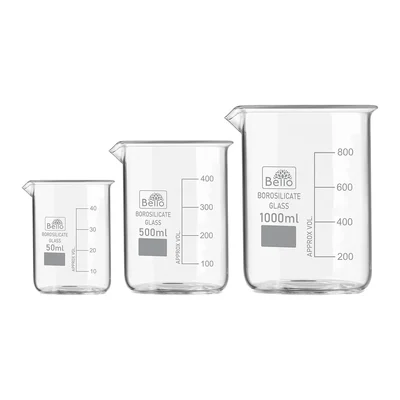 Bello Set of 3 Beaker 50ml, 500ml, 1000ml with Graduation Marks, Borosilicate 3.3 Glass for Laboratory