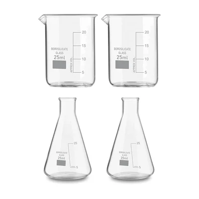 Bello Set of 4 Borosilicate 3.3 Glass Beaker and Conical Flask of 25 ml with Graduation Marks
