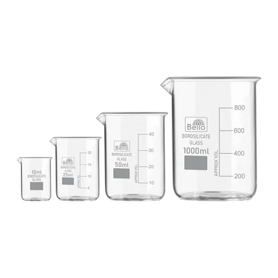 Bello Set of 4pcs Borosilicate 3.3 Glass Beakers with Graduation Marks, 10ml, 25ml, 50ml, 1000ml Capacity for Laboratory