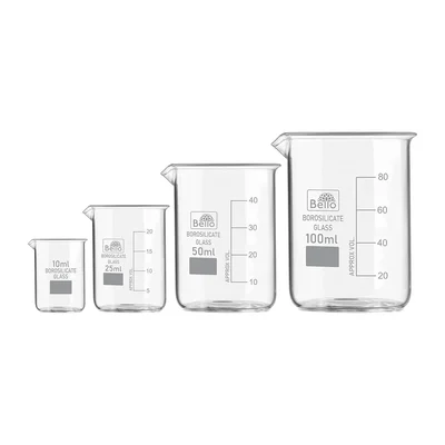 Bello Set of 4pcs Borosilicate 3.3 Glass Beakers with Graduation Marks, 10ml, 25ml, 50ml, 100ml Capacity for Laboratory