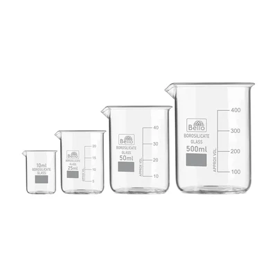 Bello Set of 4pcs Borosilicate 3.3 Glass Beakers with Graduation Marks, 10ml, 25ml, 50ml, 500ml Capacity for Laboratory