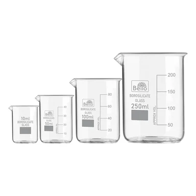 Bello Set of 4pcs Borosilicate 3.3 Glass Beakers with Graduation Marks, 10ml, 50ml, 100ml, 250ml Capacity for Laboratory
