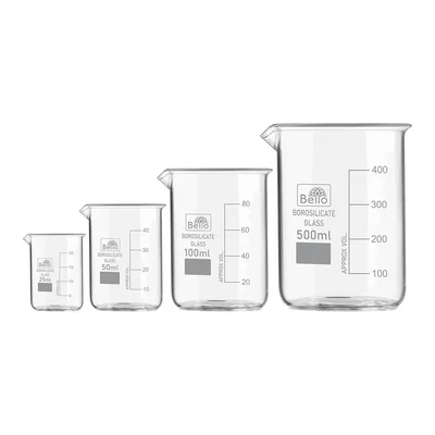 Bello Set of 4pcs Borosilicate 3.3 Glass Beakers with Graduation Marks, 25ml, 50ml, 100ml, 500ml Capacity for Laboratory