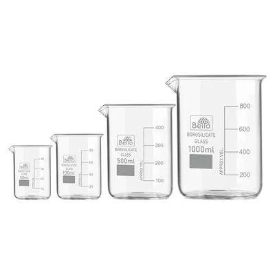 Bello Set of 4pcs Borosilicate 3.3 Glass Beakers with Graduation Marks, 50ml, 100ml, 500ml, 1000ml Capacity for Laboratory