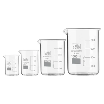 Bello Set of 4pcs Borosilicate 3.3 Glass Beakers with Graduation Marks, 50ml, 250ml, 500ml, 1000ml Capacity for Laboratory