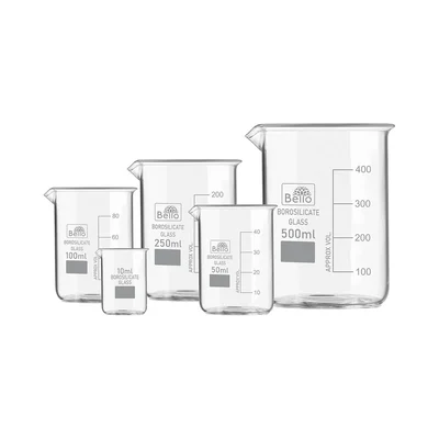 Bello Set of 5 Borosilicate 3.3 Glass Beaker 10ml, 50ml, 100ml, 250ml, 500ml with Graduation Marks for Laboratory