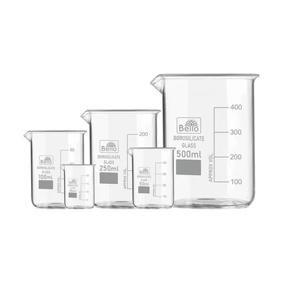 Bello Set of 5 Borosilicate 3.3 Glass Beakers 25ml, 50ml, 100ml, 250ml, 500ml with Graduation Marks