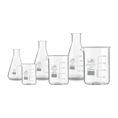 Bello Set of 6 (3 Beakers and 3 Conical Flasks) with Graduation Marks 25ml, 100ml, 250ml, Borosilicate 3.3 Glass