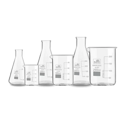 Bello Set of 6- Borosilicate 3.3 Glass Beaker and Conical Flask 50ml, 100ml, 250ml with Graduation Marks