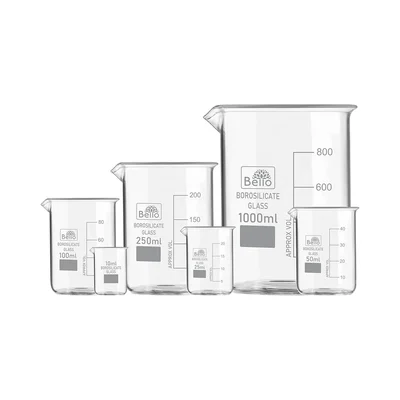 Bello Set of 6 Borosilicate 3.3 Glass Beaker with Graduation Marks 10ml, 25ml, 50ml, 100ml, 250ml, 1000ml