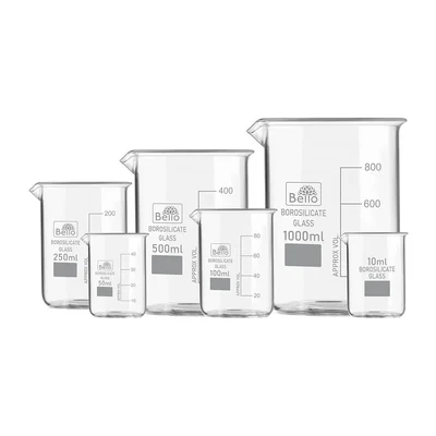 Bello Set of 6 Borosilicate 3.3 Glass Beaker with Graduation Marks 10ml, 50ml, 100ml, 250ml, 500ml, 1000ml