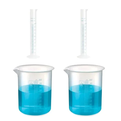 Bello Measuring Cylinders 2pcs x 100ml & Beakers 2pcs x 1000ml with Blue Printed Graduation Marks, Polypropylene Material