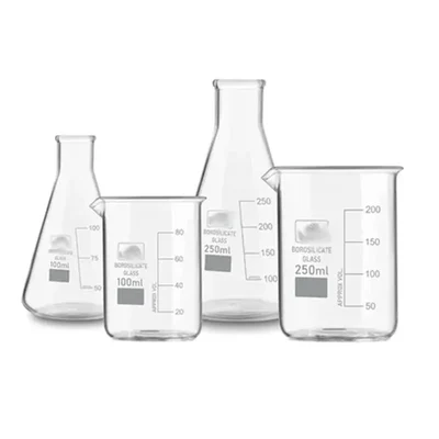 SBT Instruments 3.3 Borosilicate Glass 4pcs Combo of Beaker and Conical Flask 250ml, 100ml with Graduation Marks