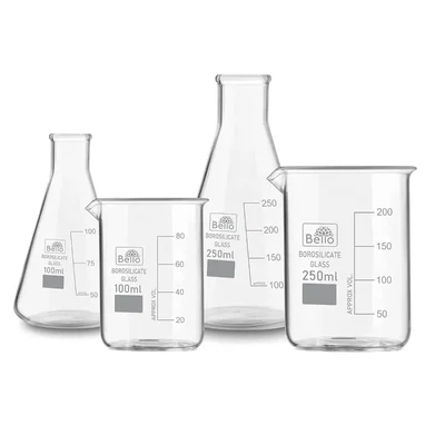 Bello (2pcs x 250ml), (2pcs x 100ml) Beakers and Conical Flasks with Graduation Marks, 3.3 Borosilicate Glass Material