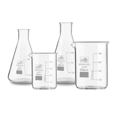 SBT Instruments 3.3 Borosilicate Glass 4pcs Combo of Beaker and Conical Flask 50ml, 100ml with Graduation Marks