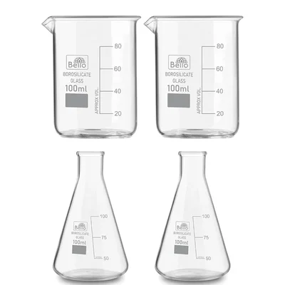 Bello Set of 4 Borosilicate 3.3 Glass Beaker and Conical Flask of 100 ml with Graduation Marks
