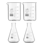 Bello Set of 4 Borosilicate 3.3 Glass Beaker and Conical Flask of 100 ml with Graduation Marks