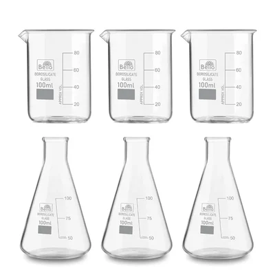 Bello Set of 6 Borosilicate 3.3 Glass Beaker and Conical Flask of 100 ml with Graduation Marks