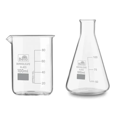 Bello Set of 2 Borosilicate 3.3 Glass Beaker and Conical Flask of 100 ml with Graduation Marks
