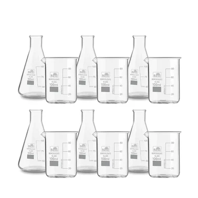 Bello Set of 12 Borosilicate 3.3 Glass Beaker and Conical Flask of 100 ml with Graduation Marks