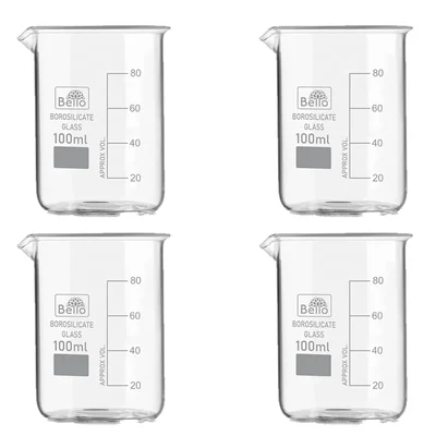 Bello 100ml x 4pcs Borosilicate 3.3 Glass Beakers with Graduation Marks for Laboratory