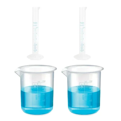 Bello Measuring Cylinders 2pcs x 10ml & Beakers  2pcs x 250ml with Blue Printed Graduation Marks, Polypropylene Material