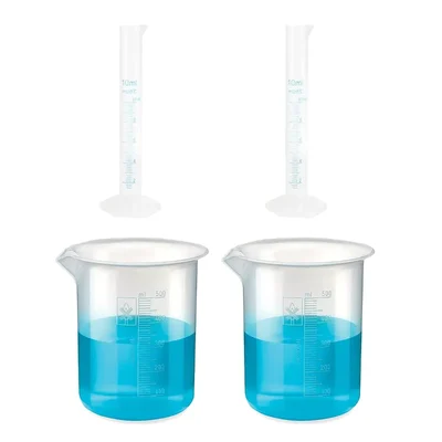 Bello Measuring Cylinders 2pcs x 10ml & Beakers 2pcs x 500ml with Blue Printed Graduation Marks, Polypropylene Material